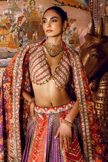 Buy Payal & Zinal Multi Color Twill V-neck Jharokha Floral Embroidered Lehenga Set Online at Aza Fashions Buy_Payal & Zinal_Multi Color Twill V-neck Jharokha Floral Embroidered Lehenga Set _Online_at_Aza_Fashions