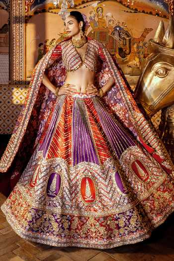 Shop Payal & Zinal Multi Color Twill V-neck Jharokha Floral Embroidered Lehenga Set Online at Aza Fashions Shop_Payal & Zinal_Multi Color Twill V-neck Jharokha Floral Embroidered Lehenga Set _Online_at_Aza_Fashions