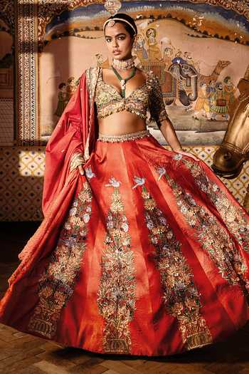 Shop Payal & Zinal Orange Silk, Velvet V-neck Ranisa Floral Towers Embroidered Lehenga Set Online at Aza Fashions Shop_Payal & Zinal_Orange Silk, Velvet V-neck Ranisa Floral Towers Embroidered Lehenga Set _Online_at_Aza_Fashions