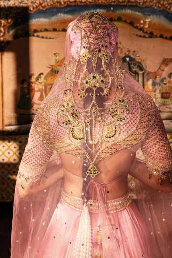 Payal & Zinal Pink Silk, Chanderi Silk, Tulle Shringaar Leaf Embroidered Lehenga Set Online at Aza Fashions Payal & Zinal_Pink Silk, Chanderi Silk, Tulle Shringaar Leaf Embroidered Lehenga Set _Online_at_Aza_Fashions