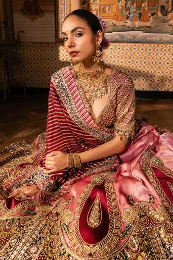Shop Payal & Zinal Pink Silk, Chanderi Silk, Tulle Shringaar Leaf Embroidered Lehenga Set Online at Aza Fashions Shop_Payal & Zinal_Pink Silk, Chanderi Silk, Tulle Shringaar Leaf Embroidered Lehenga Set _Online_at_Aza_Fashions