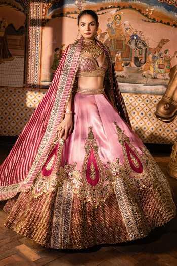 Payal & Zinal Pink Silk, Chanderi Silk, Tulle Shringaar Leaf Embroidered Lehenga Set at Aza Fashions Payal & Zinal_Pink Silk, Chanderi Silk, Tulle Shringaar Leaf Embroidered Lehenga Set _at_Aza_Fashions