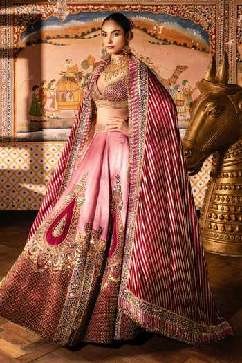 Buy Payal & Zinal Pink Silk, Chanderi Silk, Tulle Shringaar Leaf Embroidered Lehenga Set Buy_Payal & Zinal_Pink Silk, Chanderi Silk, Tulle Shringaar Leaf Embroidered Lehenga Set