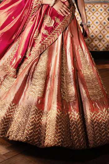 Payal & Zinal Pink Silk, Tissue Sweetheart Neck Sunehri Fern Embroidered Lehenga Set Online at Aza Fashions Payal & Zinal_Pink Silk, Tissue Sweetheart Neck Sunehri Fern Embroidered Lehenga Set _Online_at_Aza_Fashions