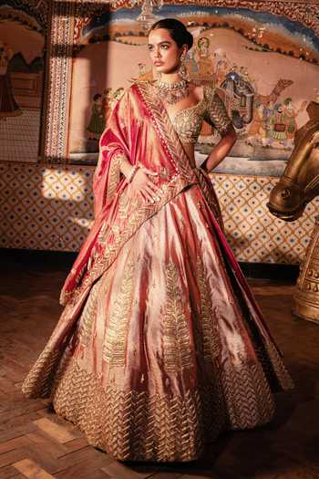 Payal & Zinal Pink Silk, Tissue Sweetheart Neck Sunehri Fern Embroidered Lehenga Set at Aza Fashions Payal & Zinal_Pink Silk, Tissue Sweetheart Neck Sunehri Fern Embroidered Lehenga Set _at_Aza_Fashions