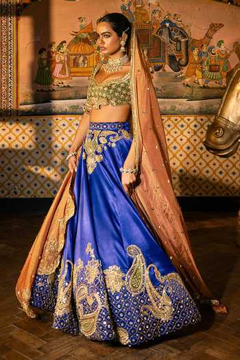 Buy Payal & Zinal Blue Silk, Tissue Sweetheart Neck Vadhu-2-0 Gaji Lehenga Set Buy_Payal & Zinal_Blue Silk, Tissue Sweetheart Neck Vadhu-2-0 Gaji Lehenga Set