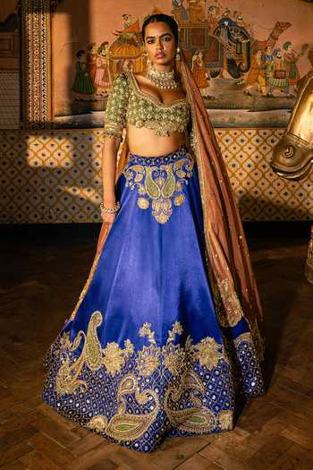 Shop Payal & Zinal Blue Silk, Tissue Sweetheart Neck Vadhu-2-0 Gaji Lehenga Set at Aza Fashions Shop_Payal & Zinal_Blue Silk, Tissue Sweetheart Neck Vadhu-2-0 Gaji Lehenga Set _at_Aza_Fashions