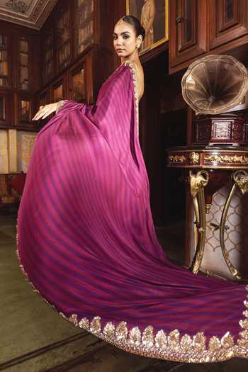 Payal & Zinal_Purple Silk Sequins, Beads, Pearls Dhara Habu Tai Gaji Saree And Corset Set _Online_at_Aza_Fashions