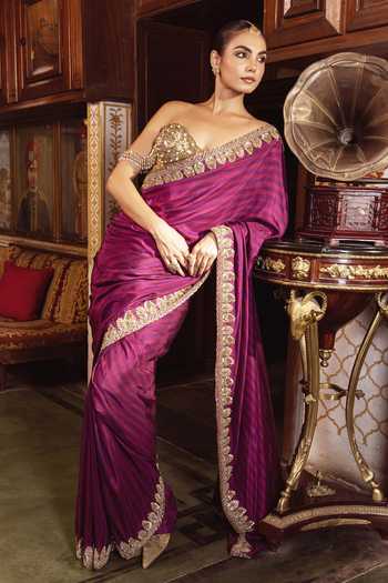 Shop_Payal & Zinal_Purple Silk Sequins, Beads, Pearls Dhara Habu Tai Gaji Saree And Corset Set _Online_at_Aza_Fashions