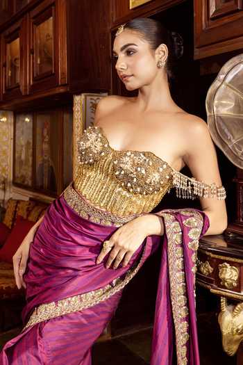 Payal & Zinal_Purple Silk Sequins, Beads, Pearls Dhara Habu Tai Gaji Saree And Corset Set _at_Aza_Fashions