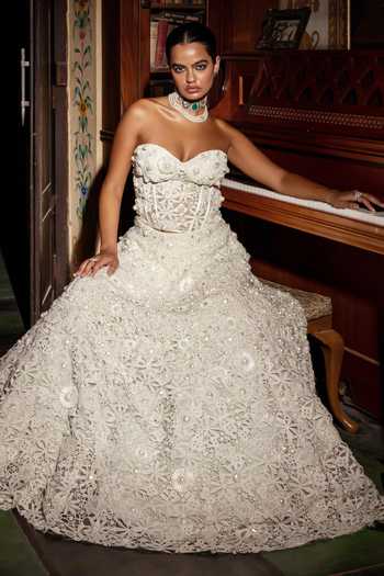Payal & Zinal_White Lace Beads, Pearls, Cut Work Sweetheart Moti-leher Corset And Lehenga Set _Online_at_Aza_Fashions