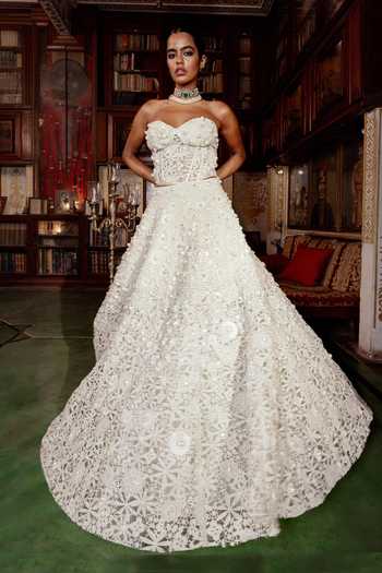 Buy_Payal & Zinal_White Lace Beads, Pearls, Cut Work Sweetheart Moti-leher Corset And Lehenga Set _Online_at_Aza_Fashions