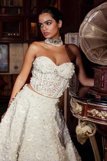Shop_Payal & Zinal_White Lace Beads, Pearls, Cut Work Sweetheart Moti-leher Corset And Lehenga Set _Online_at_Aza_Fashions