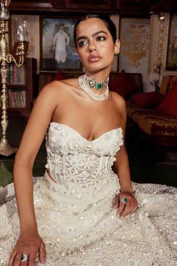 Payal & Zinal_White Lace Beads, Pearls, Cut Work Sweetheart Moti-leher Corset And Lehenga Set _at_Aza_Fashions