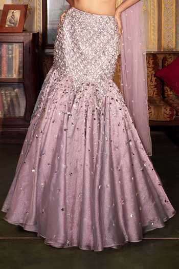 Payal & Zinal_Purple Tulle Sweetheart Neck Roobaroo Crystal Embroidered Lehenga Set _Online_at_Aza_Fashions