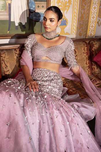 Shop_Payal & Zinal_Purple Tulle Sweetheart Neck Roobaroo Crystal Embroidered Lehenga Set _Online_at_Aza_Fashions