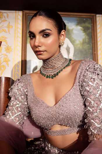 Payal & Zinal_Purple Tulle Sweetheart Neck Roobaroo Crystal Embroidered Lehenga Set _at_Aza_Fashions