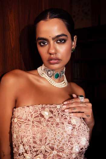 Shop Payal & Zinal Pink Lace, Tulle Sequins, Pearls, Cut Work Sehra Embroidered Skirt And Corset Set Online at Aza Fashions Shop_Payal & Zinal_Pink Lace, Tulle Sequins, Pearls, Cut Work Sehra Embroidered Skirt And Corset Set _Online_at_Aza_Fashions