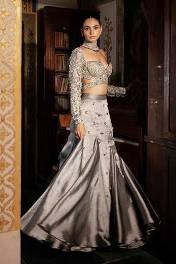 Buy_Payal & Zinal_Silver Sweetheart Neck Noor Embellished Lehenga And Blouse Set _Online_at_Aza_Fashions