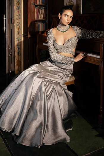 Payal & Zinal_Silver Sweetheart Neck Noor Embellished Lehenga And Blouse Set _at_Aza_Fashions