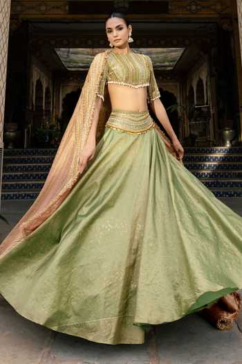 Payal & Zinal_Olive Green Round Neck Laaya Hand Embroidered Blouse Lehenga Set _Online_at_Aza_Fashions