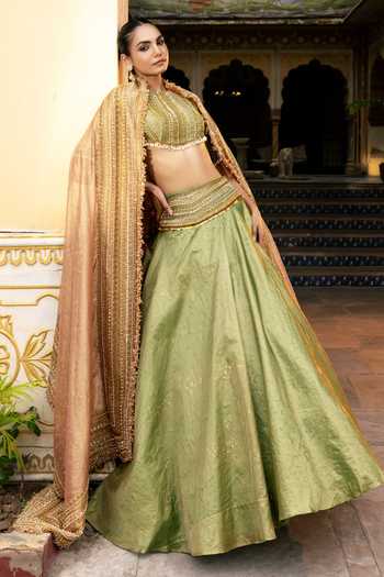 Buy_Payal & Zinal_Olive Green Round Neck Laaya Hand Embroidered Blouse Lehenga Set _Online_at_Aza_Fashions