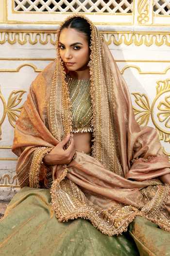 Shop_Payal & Zinal_Olive Green Round Neck Laaya Hand Embroidered Blouse Lehenga Set _Online_at_Aza_Fashions
