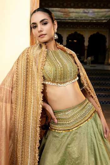 Payal & Zinal_Olive Green Round Neck Laaya Hand Embroidered Blouse Lehenga Set _at_Aza_Fashions