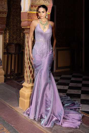 Payal & Zinal Purple V-neck Ahar Rhinestone Embellished Top And Skirt Set Online at Aza Fashions Payal & Zinal_Purple V-neck Ahar Rhinestone Embellished Top And Skirt Set _Online_at_Aza_Fashions