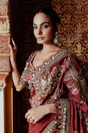 Payal & Zinal_Multi Color Velvet, Twill Sweetheart Gulmohar Embroidered Saree And Blouse Set _Online_at_Aza_Fashions