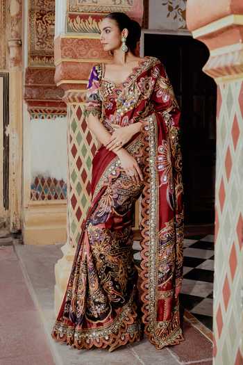 Buy_Payal & Zinal_Multi Color Velvet, Twill Sweetheart Gulmohar Embroidered Saree And Blouse Set _Online_at_Aza_Fashions