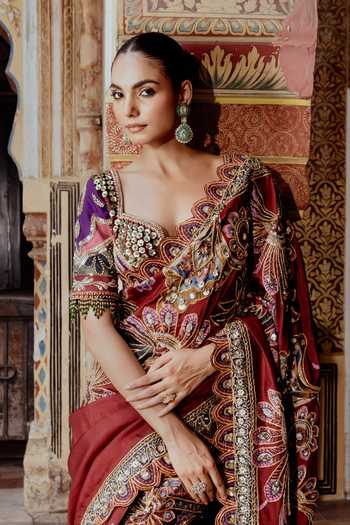 Shop_Payal & Zinal_Multi Color Velvet, Twill Sweetheart Gulmohar Embroidered Saree And Blouse Set _Online_at_Aza_Fashions