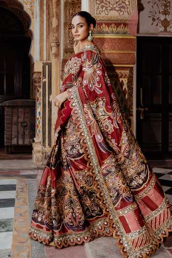 Payal & Zinal_Multi Color Velvet, Twill Sweetheart Gulmohar Embroidered Saree And Blouse Set _at_Aza_Fashions