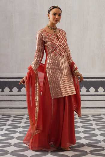 Shop_Palak & Mehak_Coral Chanderi, Muslin Split V-neck, Yes Aba Metallic Embroidered Kurta Set _Online_at_Aza_Fashions