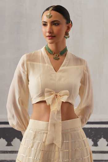 Palak & Mehak Cream Organza, Chanderi V-neck Koyal Cropped Blouse And Lehenga Set Online at Aza Fashions Palak & Mehak_Cream Organza, Chanderi V-neck Koyal Cropped Blouse And Lehenga Set _Online_at_Aza_Fashions