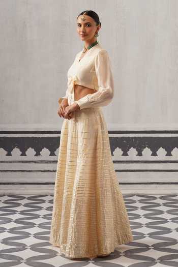 Palak & Mehak Cream Organza, Chanderi V-neck Koyal Cropped Blouse And Lehenga Set at Aza Fashions Palak & Mehak_Cream Organza, Chanderi V-neck Koyal Cropped Blouse And Lehenga Set _at_Aza_Fashions