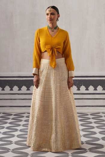 Shop Palak & Mehak Cream Organza, Chanderi V-neck Koyal Embellished Lehenga And Blouse Set Online at Aza Fashions Shop_Palak & Mehak_Cream Organza, Chanderi V-neck Koyal Embellished Lehenga And Blouse Set _Online_at_Aza_Fashions