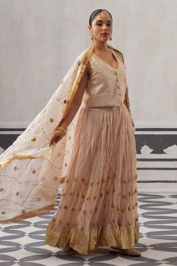 Palak & Mehak Cream Chanderi V-neck Isha Embellished Lehenga Set Online at Aza Fashions Palak & Mehak_Cream Chanderi V-neck Isha Embellished Lehenga Set _Online_at_Aza_Fashions