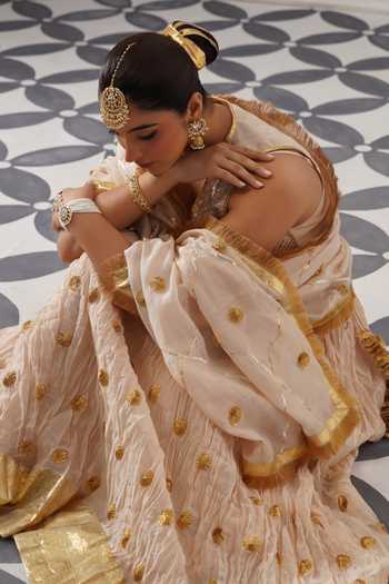 Palak & Mehak Cream Chanderi V-neck Isha Embellished Lehenga Set at Aza Fashions Palak & Mehak_Cream Chanderi V-neck Isha Embellished Lehenga Set _at_Aza_Fashions