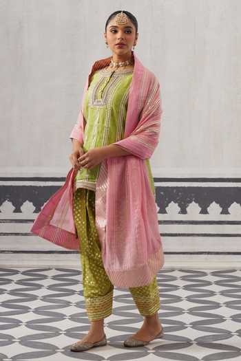 Shop Palak & Mehak Green Chanderi Round Neck Mini Embroidered Kurta Set Online at Aza Fashions Shop_Palak & Mehak_Green Chanderi Round Neck Mini Embroidered Kurta Set _Online_at_Aza_Fashions