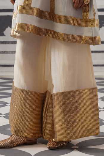 Palak & Mehak Cream Chanderi Gota Patti Scoop Neck Divi Stripe Pattern Straight Kurta Set at Aza Fashions Palak & Mehak_Cream Chanderi Gota Patti Scoop Neck Divi Stripe Pattern Straight Kurta Set _at_Aza_Fashions