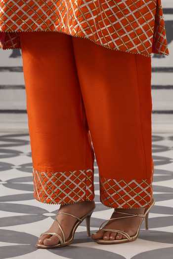 Shop_Palak & Mehak_Orange Chanderi Split V-neck, Yes Heera Embroidered Kurta Set _Online_at_Aza_Fashions