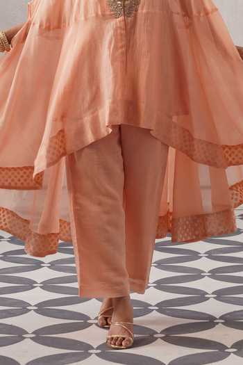 Palak & Mehak Peach Chanderi Round Neck Mihika Gota Work Kaftan And Pant Set Online at Aza Fashions Palak & Mehak_Peach Chanderi Round Neck Mihika Gota Work Kaftan And Pant Set _Online_at_Aza_Fashions