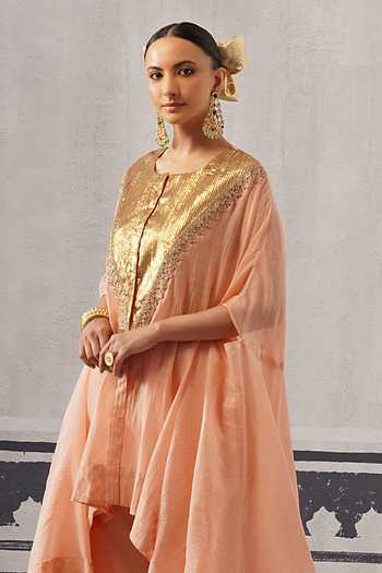 Buy Palak & Mehak Peach Chanderi Round Neck Mihika Gota Work Kaftan And Pant Set Online at Aza Fashions Buy_Palak & Mehak_Peach Chanderi Round Neck Mihika Gota Work Kaftan And Pant Set _Online_at_Aza_Fashions