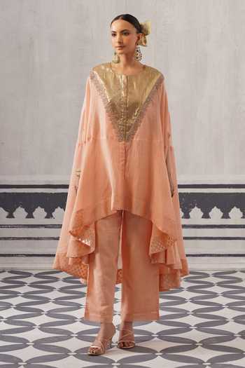 Shop Palak & Mehak Peach Chanderi Round Neck Mihika Gota Work Kaftan And Pant Set Online at Aza Fashions Shop_Palak & Mehak_Peach Chanderi Round Neck Mihika Gota Work Kaftan And Pant Set _Online_at_Aza_Fashions