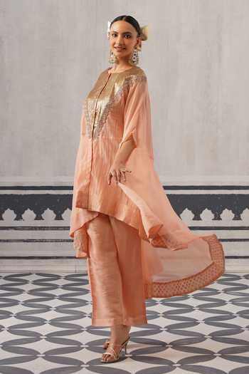 Palak & Mehak Peach Chanderi Round Neck Mihika Gota Work Kaftan And Pant Set at Aza Fashions Palak & Mehak_Peach Chanderi Round Neck Mihika Gota Work Kaftan And Pant Set _at_Aza_Fashions