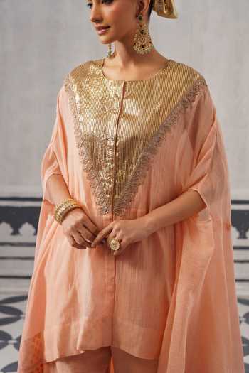Buy Palak & Mehak Peach Chanderi Round Neck Mihika Gota Work Kaftan And Pant Set Buy_Palak & Mehak_Peach Chanderi Round Neck Mihika Gota Work Kaftan And Pant Set