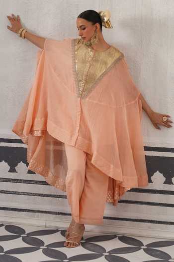 Shop Palak & Mehak Peach Chanderi Round Neck Mihika Gota Work Kaftan And Pant Set Shop_Palak & Mehak_Peach Chanderi Round Neck Mihika Gota Work Kaftan And Pant Set