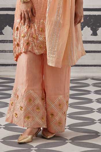 Palak & Mehak Peach Chanderi Round Neck Rasna Crinkled Textured Kurta Set Online at Aza Fashions Palak & Mehak_Peach Chanderi Round Neck Rasna Crinkled Textured Kurta Set _Online_at_Aza_Fashions