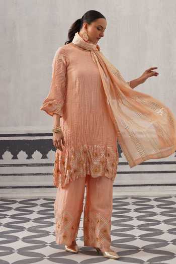 Buy Palak & Mehak Peach Chanderi Round Neck Rasna Crinkled Textured Kurta Set Online at Aza Fashions Buy_Palak & Mehak_Peach Chanderi Round Neck Rasna Crinkled Textured Kurta Set _Online_at_Aza_Fashions